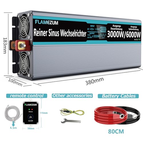 FLAMEZUM Inverter 12v 220v 3000W Onda Pura Inverter di Potenza con Telecomandoper and 2 EU Presa &amp; 2x USB per roulotte, pannelli solari Convertitore di pontenza per Camion Camping : Amazon.it: Auto e Moto