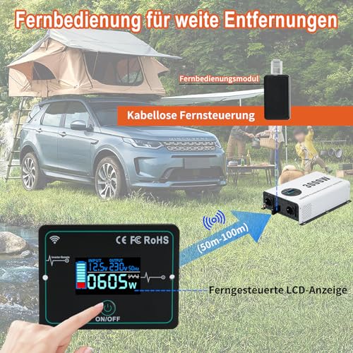 OUBOTEK Inverter 3000 W/6000 W, sinusoidale pura DC 12 V su AC 230 V con telecomando senza fili, display LCD, 2 prese AC, 2 USB A e 1 tipo C, convertitore di tensione per camper casa mobile : Amazon.it: Elettronica