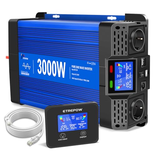 ETREPOW Inverter 3000W/6000W 12V 220V Onda Sinusoidale Pura Trasformatore Con telecomando, 2 Prese EU, 2 Porte USB,Type C, Adatto per Elettrodomestici, Camper e Campeggio : Amazon.it: Elettronica