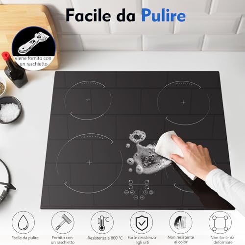 Piano cottura a induzione, 4 fuochi, L59 x P52 cm, 9 livelli di potenza, 6400 W, a incasso, nessuna spina inclusa, controllo touch, funzione pausa, timer, Hobsir : Amazon.it: Grandi elettrodomestici
