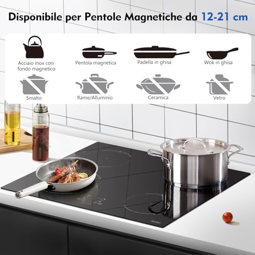 Piano cottura a induzione, 4 fuochi, L59 x P52 cm, 9 livelli di potenza, 6400 W, a incasso, nessuna spina inclusa, controllo touch, funzione pausa, timer, Hobsir : Amazon.it: Grandi elettrodomestici