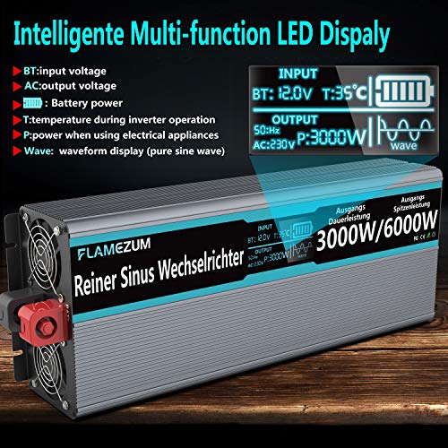 FLAMEZUM Inverter 12v 220v 3000W Onda Pura Inverter di Potenza con Telecomandoper and 2 EU Presa &amp; 2x USB per roulotte, pannelli solari Convertitore di pontenza per Camion Camping : Amazon.it: Auto e Moto