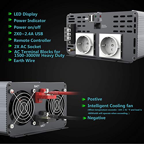 FLAMEZUM Inverter 12v 220v 3000W Onda Pura Inverter di Potenza con Telecomandoper and 2 EU Presa &amp; 2x USB per roulotte, pannelli solari Convertitore di pontenza per Camion Camping : Amazon.it: Auto e Moto