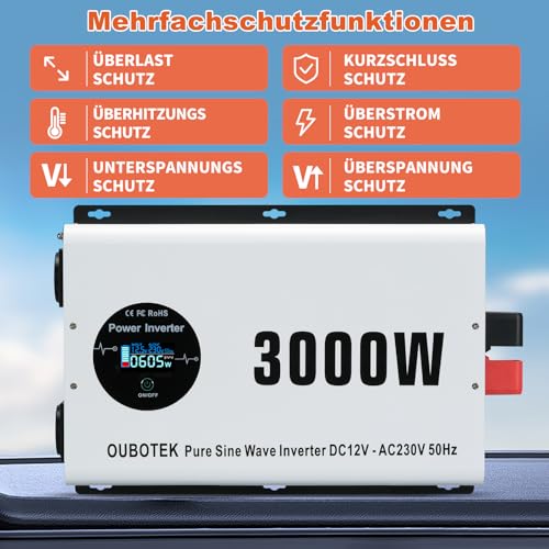 OUBOTEK Inverter 3000 W/6000 W, sinusoidale pura DC 12 V su AC 230 V con telecomando senza fili, display LCD, 2 prese AC, 2 USB A e 1 tipo C, convertitore di tensione per camper casa mobile : Amazon.it: Elettronica