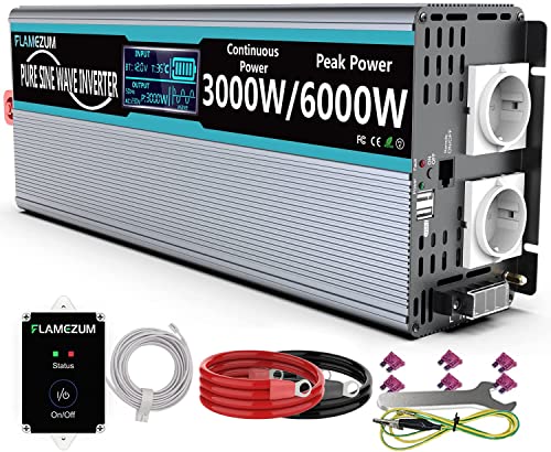 FLAMEZUM Inverter 12v 220v 3000W Onda Pura Inverter di Potenza con Telecomandoper and 2 EU Presa &amp; 2x USB per roulotte, pannelli solari Convertitore di pontenza per Camion Camping : Amazon.it: Auto e Moto