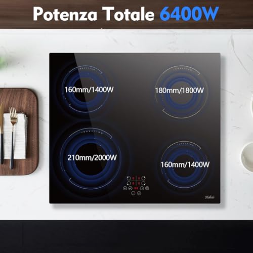 Piano cottura a induzione, 4 fuochi, L59 x P52 cm, 9 livelli di potenza, 6400 W, a incasso, nessuna spina inclusa, controllo touch, funzione pausa, timer, Hobsir : Amazon.it: Grandi elettrodomestici